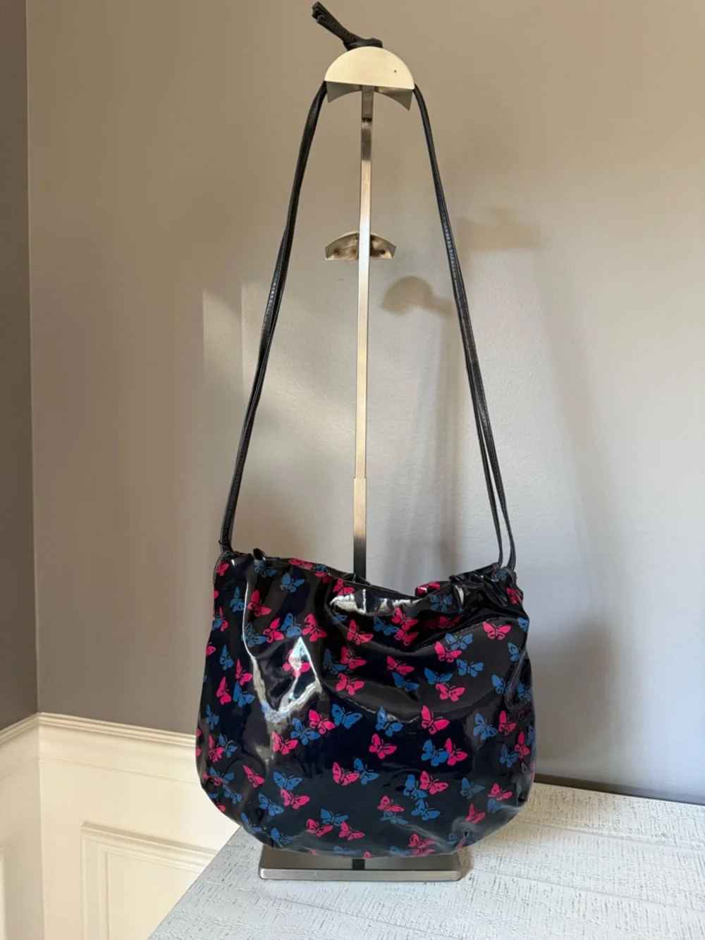 Bottega Veneta Black Patent Shoulder Bag with Pink & Blue Butterfly Motif - Picture 2 of 5